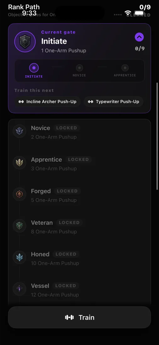 UNBOUND rank path showing One-Arm Push-Up standards by tier