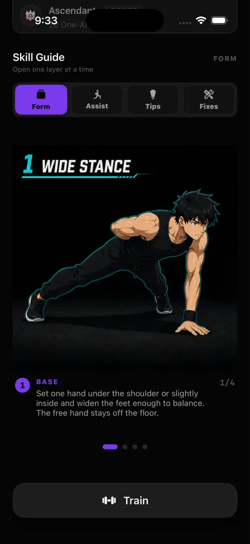 UNBOUND skill guide with form coaching for the one-arm push-up